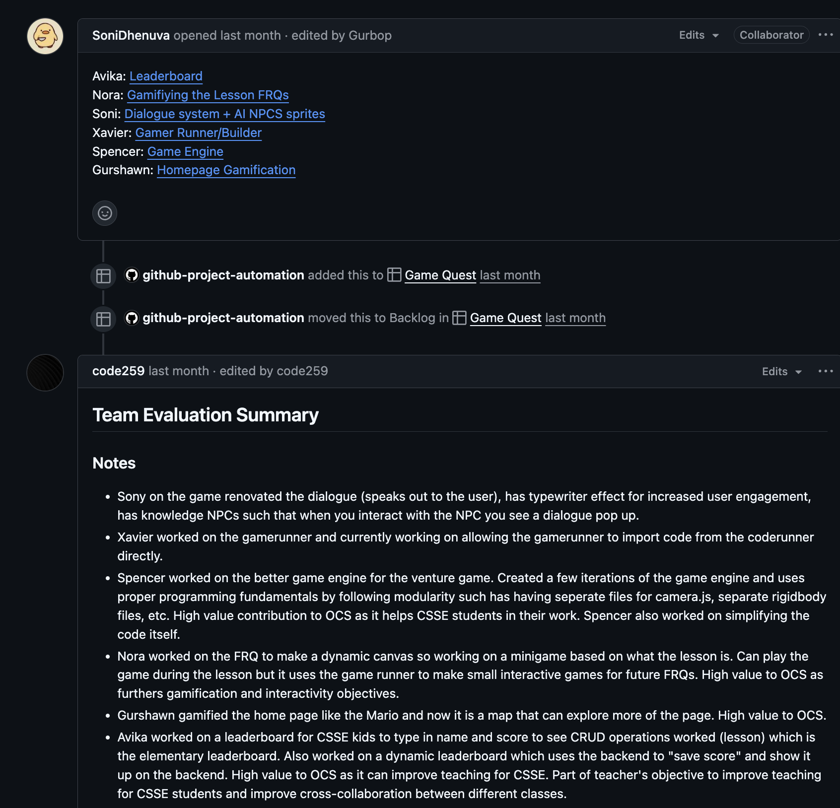 Example Team Issue